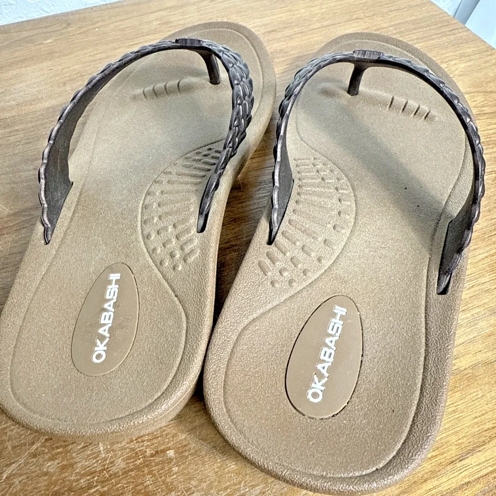 Women's Okabashi Flip Flops Size Small 5/6 Brown Braided Baha Style Pool Beach - Picture 3 of 8